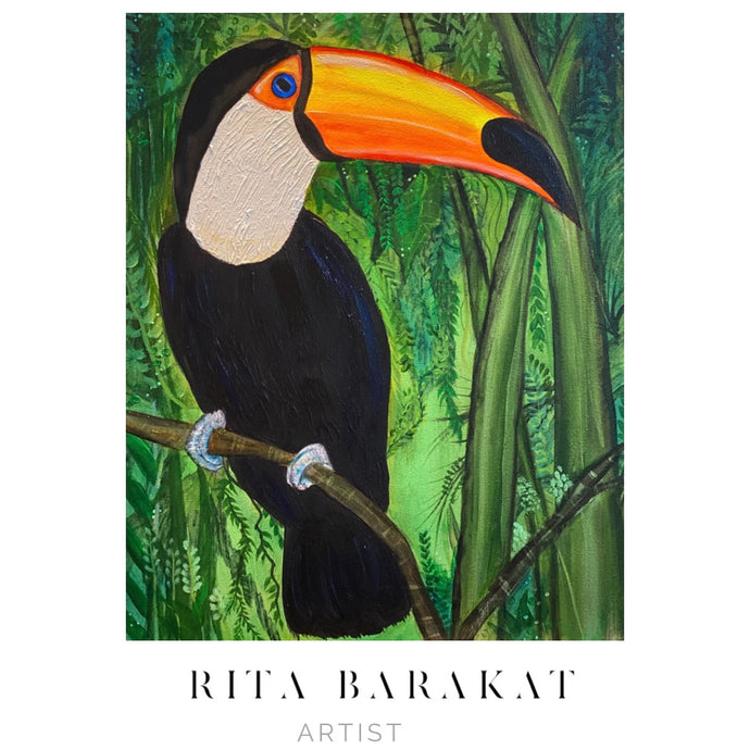 Are you talking to me is an original artwork of a toucan by Rita Barakat