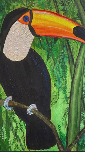 Are you talking to me is an original artwork of a toucan by Rita Barakat